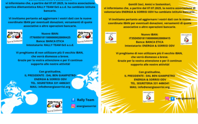 Cambiamento Coordinate Bancarie per E&S ODV e E&S Rally Team