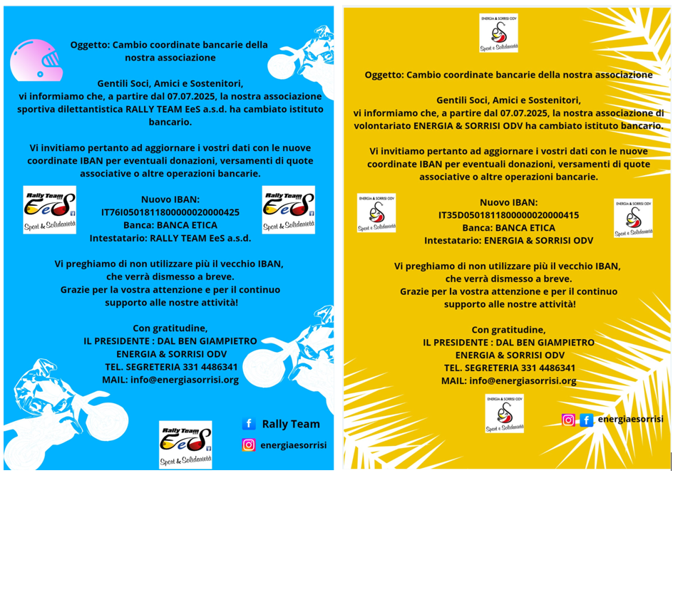 Cambiamento Coordinate Bancarie per E&S ODV e E&S Rally Team